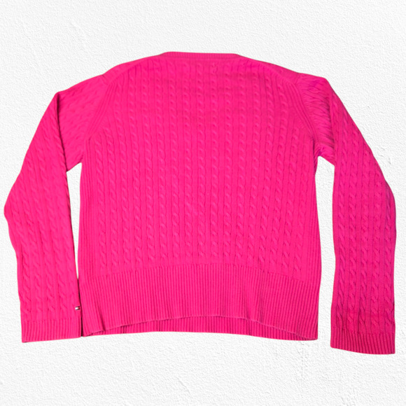 Y2K Tommy Hilfiger Hot Pink V Neck Heavy Cable Knit Pullover Sweater Size Large - Picture 9 of 9